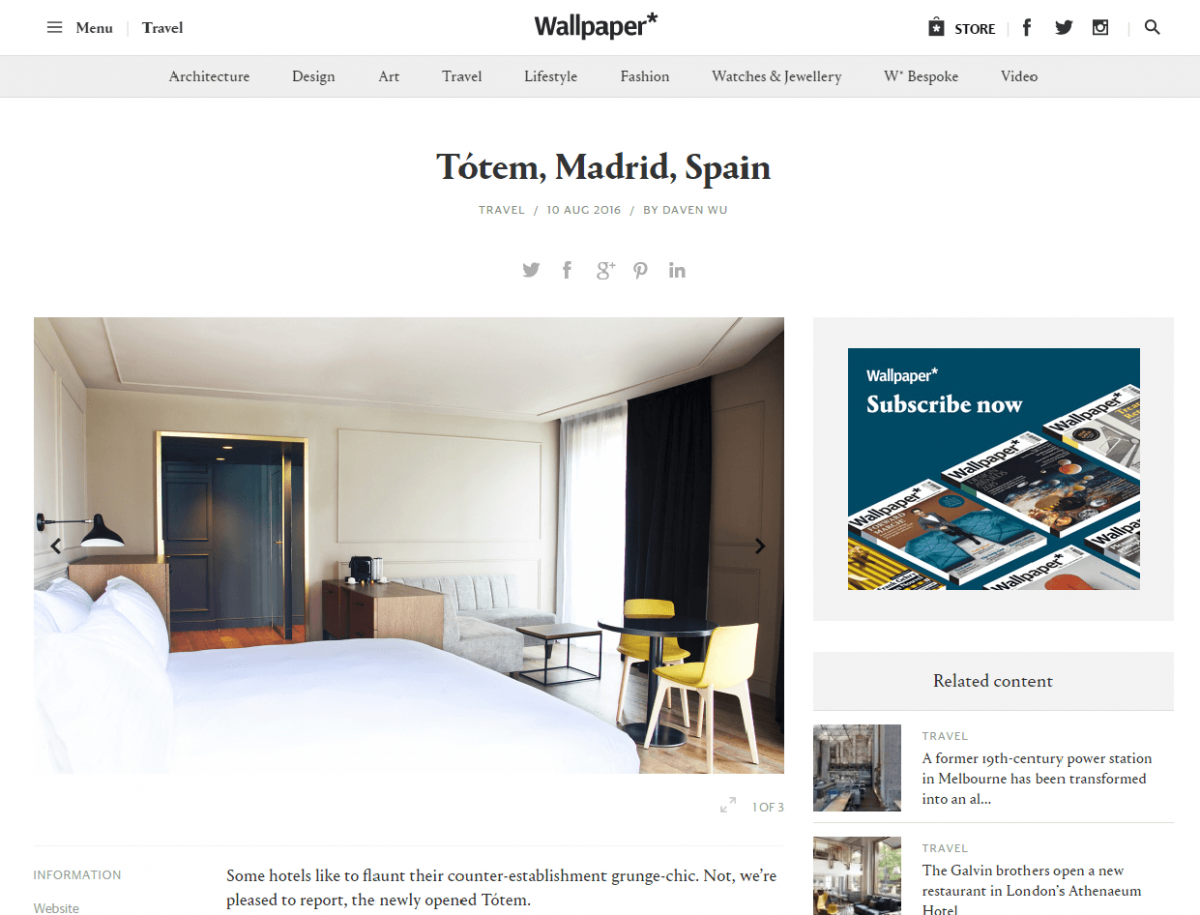 Captura de la web Wallpaper con el artículo de Tótem Madrid